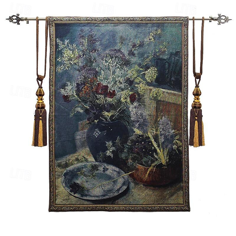 Jacquard Woven Tapestry Gobelin Aubusson Wall Art Hanging Loom Cotton Weave Large Tapestry Reproduction Spring Bouquet Still Life (without tassels and rod)2