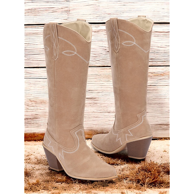 Women's Beige Suede Western Cowboy Boots with Stitch Detailing - Perfect for Rodeo, Country Concerts, and Daily Wear