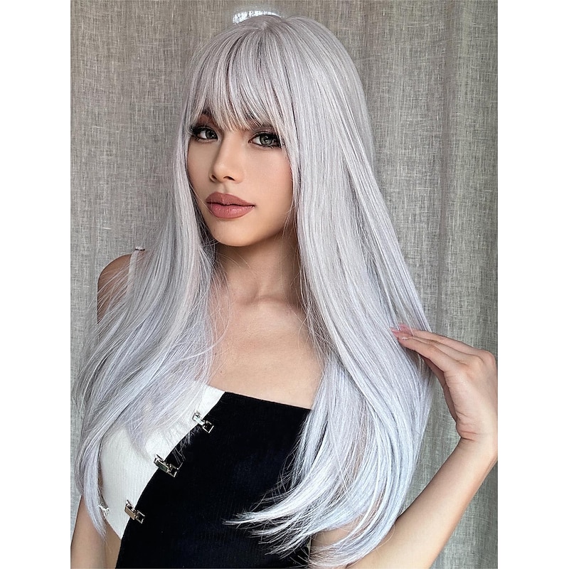 White Wig with Bangs Long Straight White Wigs for Women Cosplay Wigs for Gril Natural Hairline Heat Resistant Synthetic Wig for Daily for Cosplay Party Carnival3