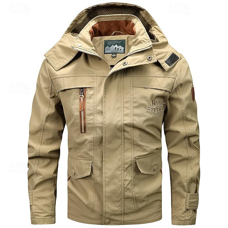 Men's Outdoor Jacket Cargo Jacket Hoodie Jacket Tactical Jacket Outdoor Daily Removable Soft Multiple Pockets Spring &  Fall Plain Casual Comfortable Hooded Regular Black Khaki Army Green Jacket2