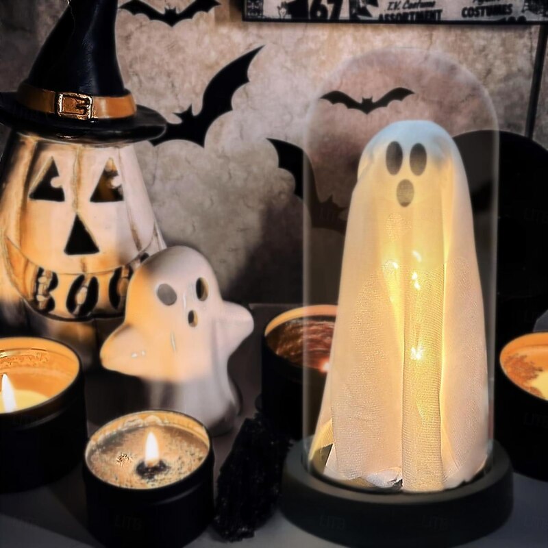 Halloween Lighted Ghost in Glass Cloche Cute Ghost with Light for Home Kitchen Fireplace Tabletop Party Decor Holiday Decorations3