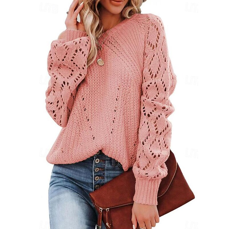 Women's Sweater Stylish Solid Color Crochet One Shoulder Knitted Half Sleeve Regular Tops Knit Daily White Pink Spring Fall