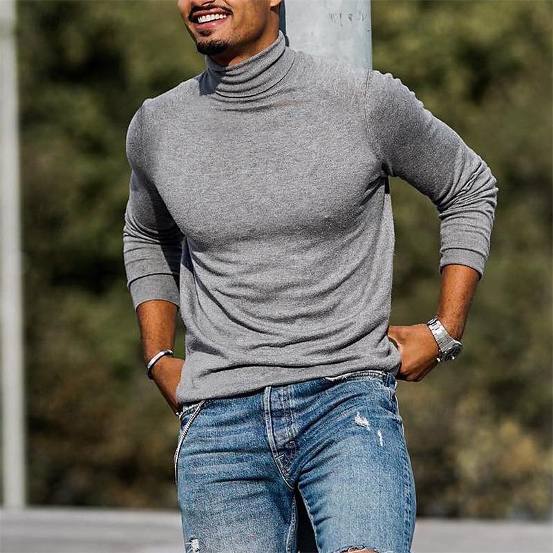 Men's T Shirt Turtleneck shirt Long Sleeve Shirt Long Sleeve Rolled collar Spring &  Fall Plain Fashion Designer Casual Street Sports Holiday Black Yellow Pink Top Tee for Men