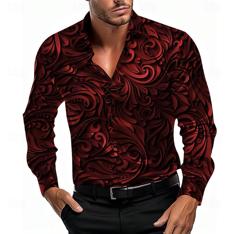 Men's Shirt Satin Shirt Dress Shirt Button Up Shirt Floral Party Evening Wear Red Blue Gold Gray Long Sleeve Turndown Summer Spring Clothing Apparel Button Up2