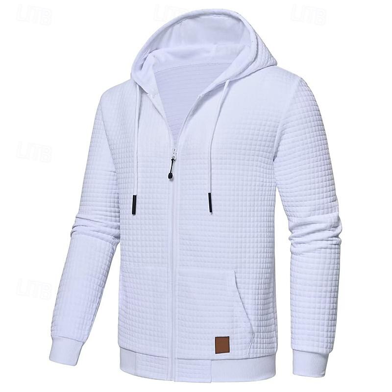 Men's Full Zip Hoodie Zip Up Hoodie Waffle Hoodies Black White Navy Blue Light Grey Dark Gray Hooded Plain Zip Up Patchwork Ribbed Sports & Outdoor Daily Holiday Polyester Streetwear Basic Casual3