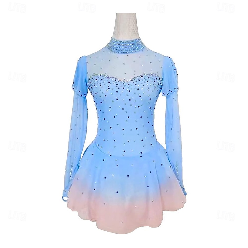 Figure Skating Dress Women's Girls' Ice Skating Dress Blue Patchwork Thumbhole Mesh High Elasticity Training Competition Skating Wear Classic Long Sleeve Ice Skating Figure Skating