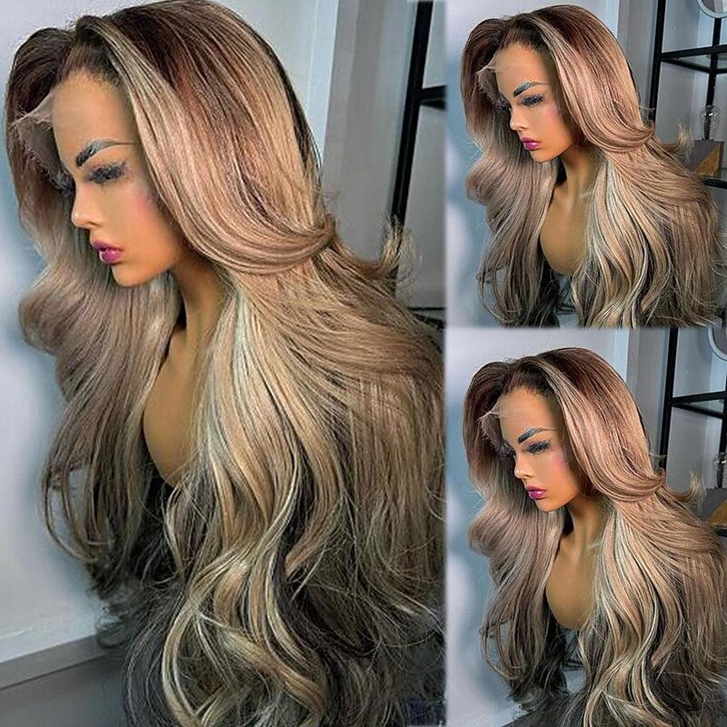 Remy Human Hair 13x4 Lace Front Wig Free Part Layered Haircut Brazilian Hair Wavy Multi-color Wig 130% 150% Density Highlighted / Balayage Hair 100% Virgin Glueless Pre-Plucked For Women Long Human