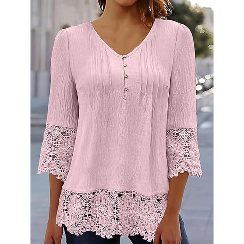 Women's White Elegant Lace Tops Eyelet Blouse Stylish Casual Solid Color Lace Buttons 3 4 Length Sleeve Regular Tops V Neck Daily Romantic Petite Tops Summer Holiday Wear White Pink Blue Gray Spring2