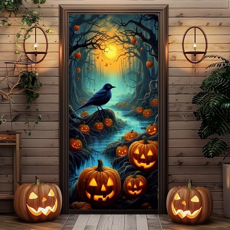 Halloween Door Decorations Halloween Door Covers Pumpkin Crow Door Tapestry Door Curtain Decoration Backdrop Door Banner for Front Door Farmhouse Holiday Party Decor Supplies3