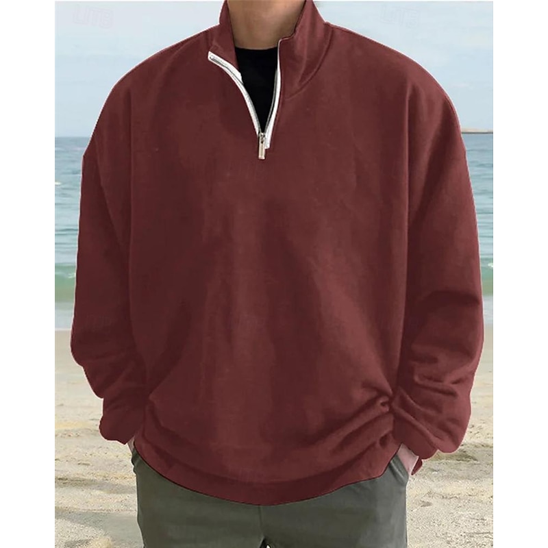 Men's Sweatshirt Quarter Zip Sweatshirt Light Khaki. Black White Wine Red Half Zip Plain Sports & Outdoor Daily Holiday Polyester Streetwear Basic Casual Spring &  Fall Clothing Apparel Hoodies2