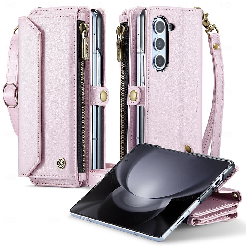 Phone Case For Samsung Galaxy Z Fold 5 Z Fold 4 Z Fold 3 Wallet Case Zipper with Lanyard with Wrist Strap Retro3