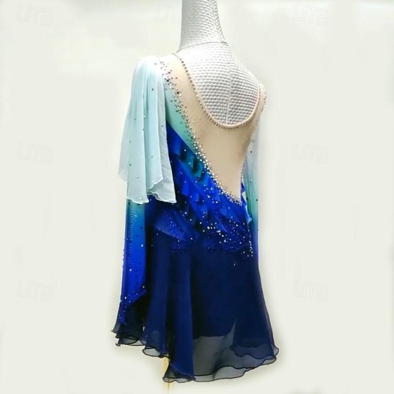Figure Skating Dress Women's Girls' Ice Skating Dress Black Blue Patchwork Thumbhole Mesh High Elasticity Training Competition Skating Wear Classic Long Sleeve Ice Skating Figure Skating4