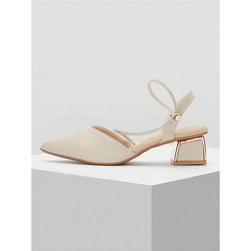 Elegant Women's Slingback Pointed Toe Heels with Rhinestone Strap - Beige Mid-Heel Shoes for Weddings and Parties2