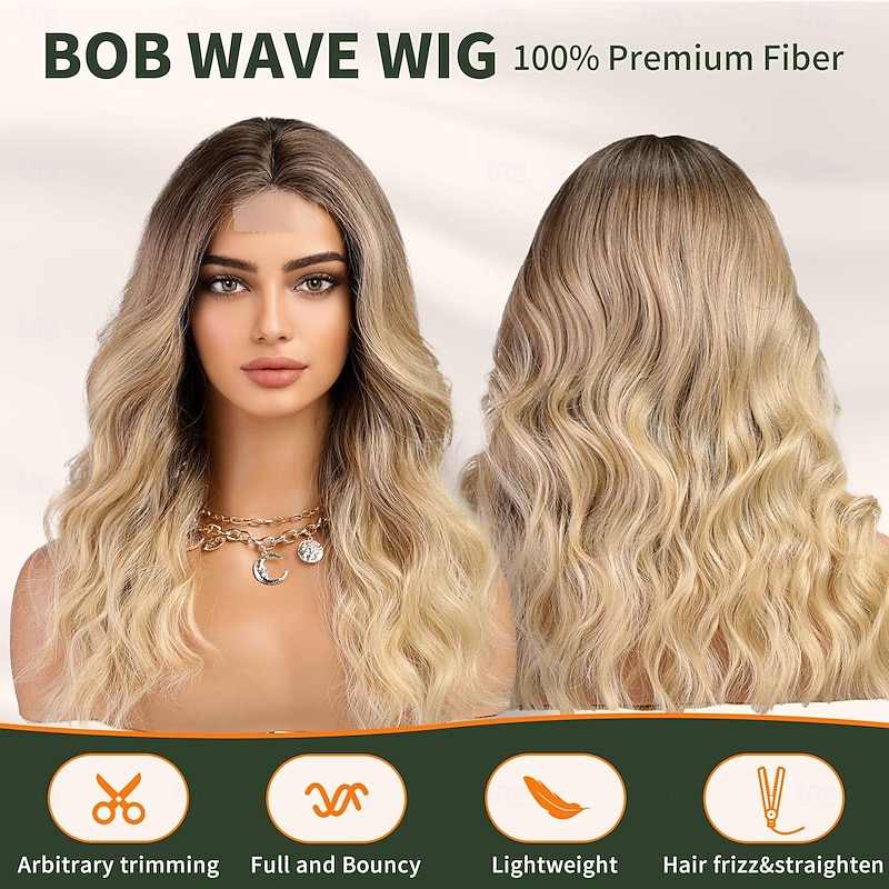 Dirty Blonde Wigs for Women,Blonde Highlight Shoulder Length Curly Wig,Middle Part Synthetic Wig for Daily Use Party 20IN2