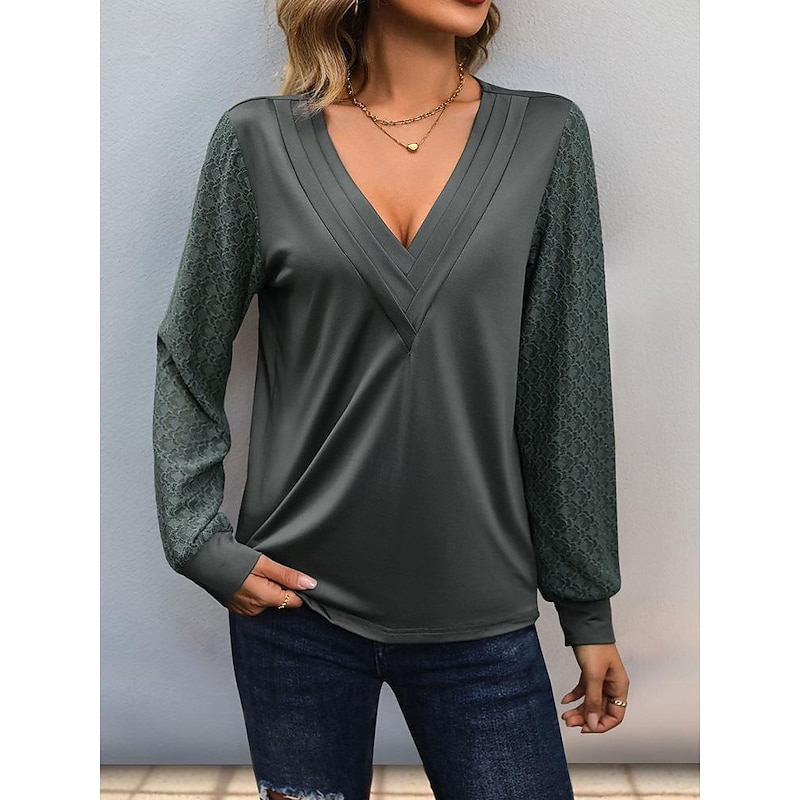 Women's Elegant Lace Tops Eyelet Blouse Stylish Modern Solid Color Lace Ruched Long Sleeve V Neck Work Romantic Petite Tops Summer Holiday Wear Gray Spring Fall Winter4