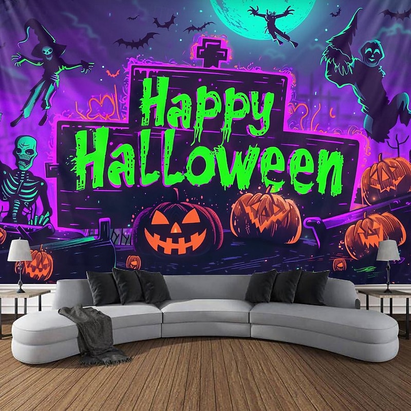 Halloween Decorations Pumpkin Blacklight Tapestry UV Reactive Glow in the Dark Forest Trippy Mountain Misty Graveyard Ghost Hanging Tapestry Wall Art Mural for Living Room Bedroom2