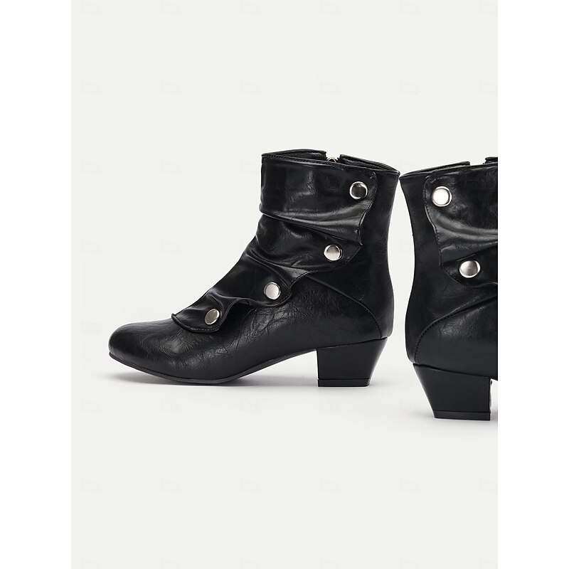 Women's Black Vintage Mid Heel Boots with Decorative Buckles for Casual, Office, and Evening Wear2