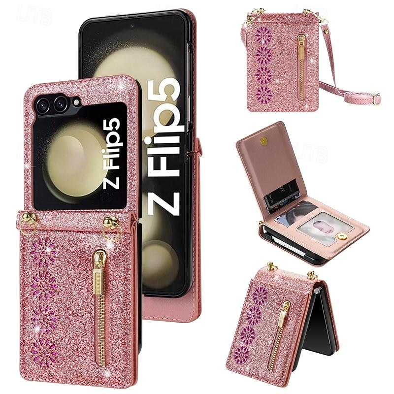 Phone Case For Samsung Galaxy Z Flip 7 Z Flip 6 Z Flip 5 Z Flip 4 Z Flip 3 Flip Cover Zipper with Lanyard Bling Glitter Shiny Retro PC PU Leather2