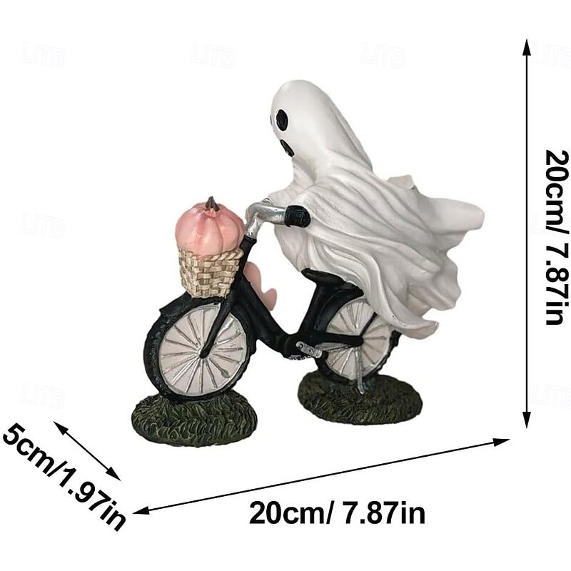 Ghost Bike Rider with Pink Pumpkin Halloween Decor, Ghost Riding a Bikes and Pink Pumpkin Statue,Cute Ghost Riding Figurines,Funny Ghost Figurine Home Tabletop Decorations3