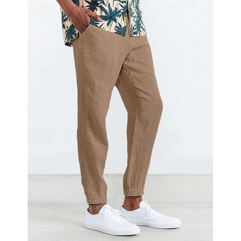 Men's Joggers Linen Pants Trousers Summer Pants Casual Pants Drawstring Pocket Elastic Waist Plain Comfort Breathable Home Daily Holiday Basic Casual Black White Inelastic2