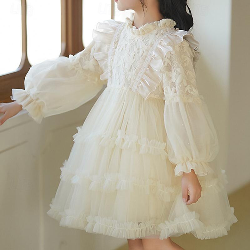 Kids Girls' Flower Girl Dress Party Dress Solid Color Long Sleeve Performance Wedding Party Mesh Princess Beautiful Sweet Polyester Knee-length Party Dress Swing Dress Tulle Dress Summer Spring 5-132