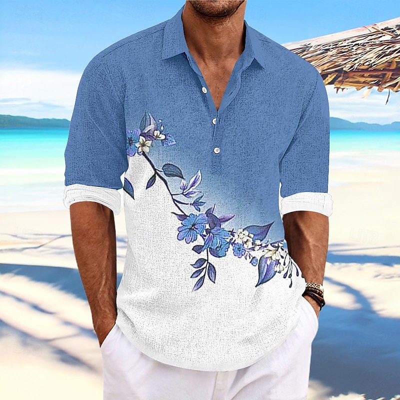Men's Floral Button Up Shirt Henley Shirt Long Sleeve Hawaiian Resort Outdoor Casual Summer Spring Fall Turndown Red Blue Purple
