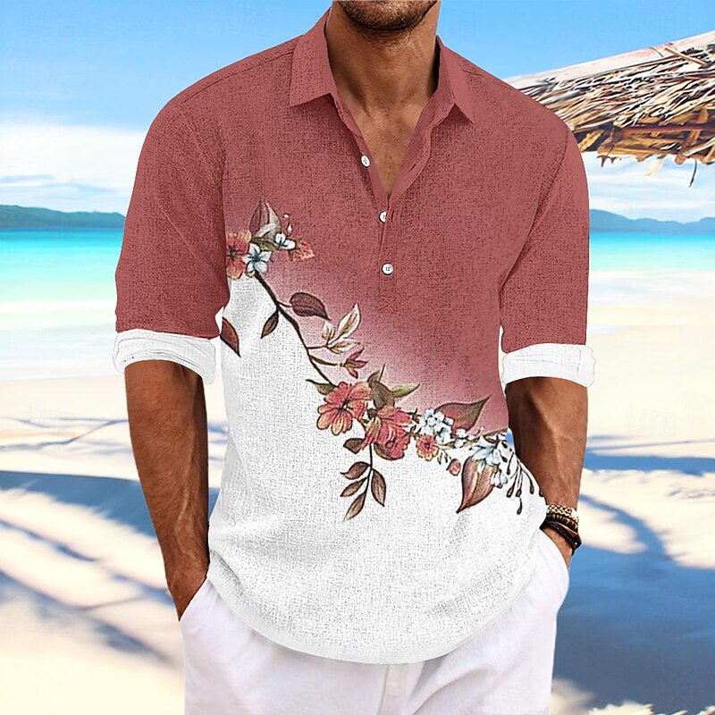 Men's Floral Button Up Shirt Henley Shirt Long Sleeve Hawaiian Resort Outdoor Casual Summer Spring Fall Turndown Red Blue Purple3