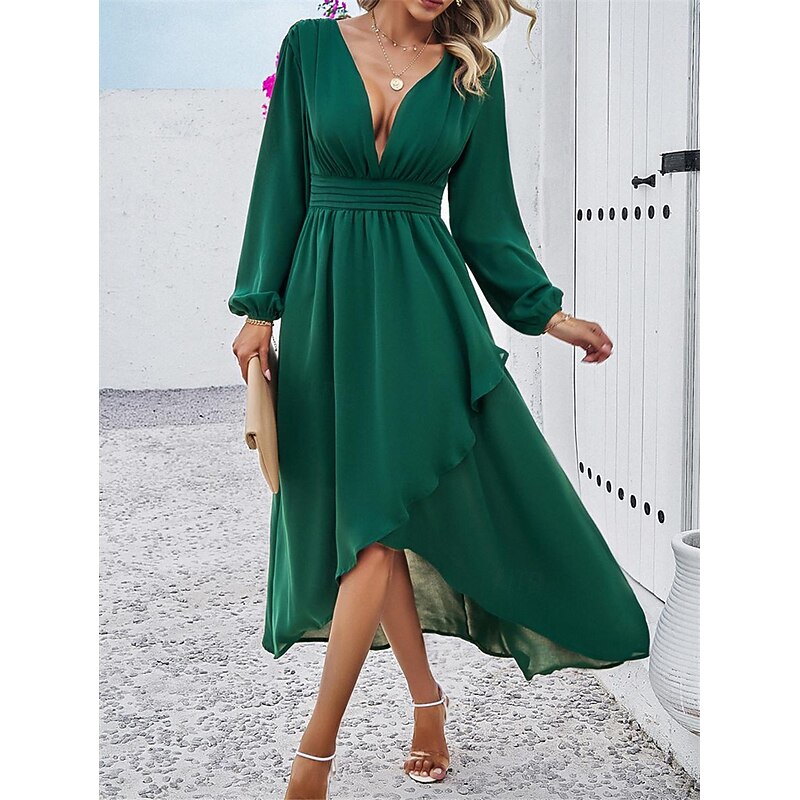 Women's Maxi Dress Casual Dress Cocktail Dress Wedding Guest Dress Chiffon Dress Elegant Maxi Casual Work Street Holiday Regular Fit Long Sleeve V Neck Black Red Navy Blue Green Fall4