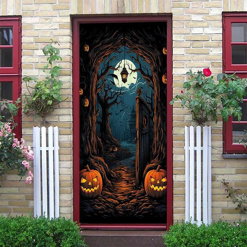 Halloween Door Decorations Halloween Door Covers Door Tapestry Pumpkins Forest Door Curtain Decoration Backdrop Door Banner for Front Door Farmhouse Holiday Party Decor Supplies 11