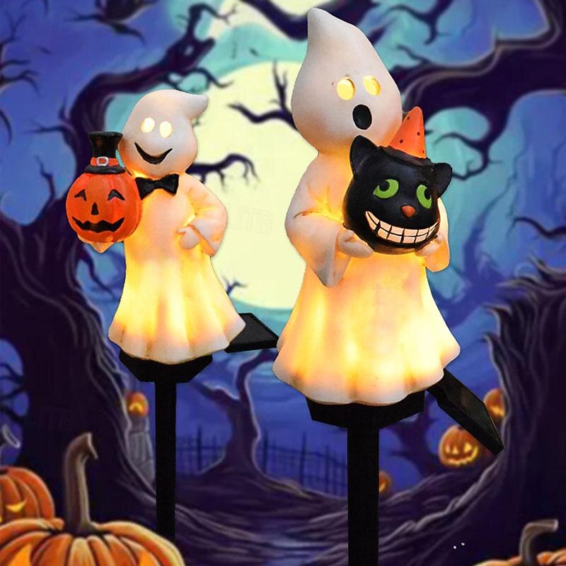1pc Solar Pumpkin Lighted Ghost Lawn Light Halloween Outdoor Garden Lights Waterproof Garden Park Walkway Landscape Decoration Resin Pumpkin Light Outdoor Halloween Light Up Decorations - Main Image