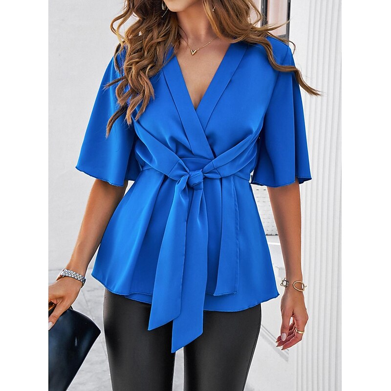 Women's Shirt Dressy Tops Solid Color Plain Elegant Stylish Half Sleeve V Neck Work Daily Tie Front Ruched Black White Royal Blue Rose Pink Summer Spring Fall4