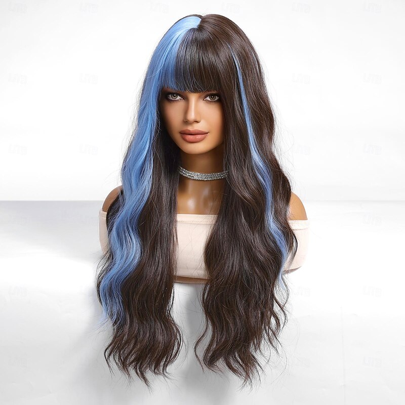 Synthetic Wig Uniforms Career Costumes Princess Straight kinky Straight Middle Part Layered Haircut Machine Made Wig 26 inch Black / Sapphire Blue Synthetic Hair Women's Cosplay Party Fashion Natural2