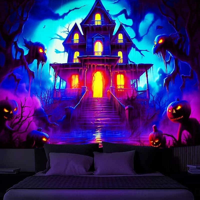 Halloween Haunted House Backdrop, 3D Archway Haunted Castle Entrance Wall Tapestry, UV Reactive Blacklight Wall Hanging, Glow in the Dark Spooky Mural for Living Room & Bedroom Wall art Decor