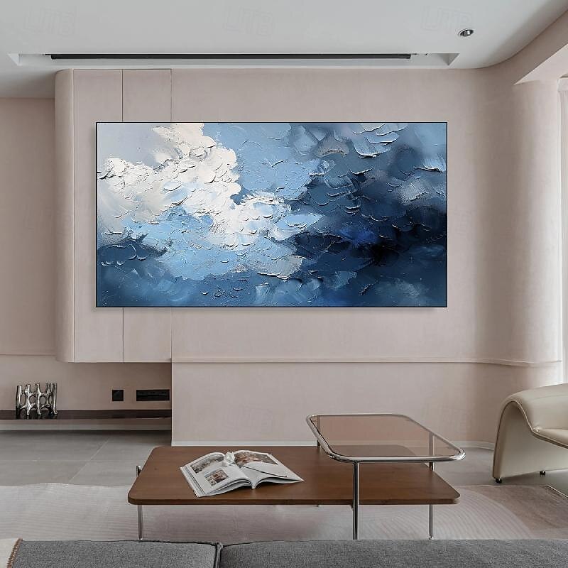 3D oil painting Hand-Painted Thick Texture Sky Petal Oil Painting Beige Blue Skyline Painting On Canvas Abstract Textured oil painting for Wall Art Living Room4