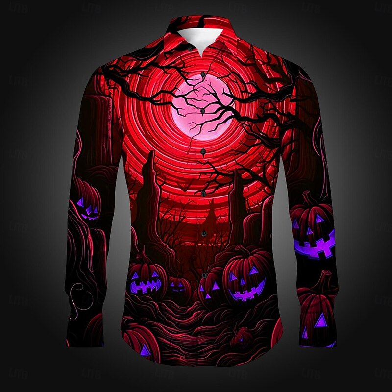 Halloween Men's Pumpkin Grimace Halloween Costumes Shirt Button Up Shirt Long Sleeve Horror Dark Party Evening Wear Fall Winter Spring & Summer Turndown Shirt Collar Button Up 3D Print Black Red Blue2