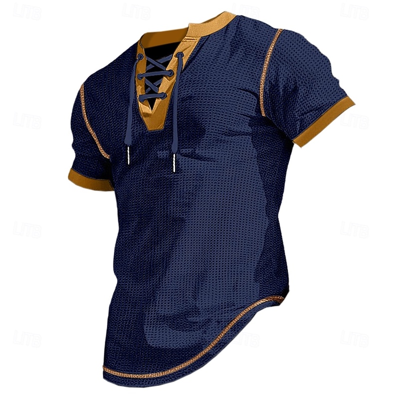 Men's Waffle Henley Shirt Henley Shirt Short Sleeve Shirt Tee Top Short Sleeve V Neck Henley Summer Patchwork Fashion Daily Lace up Drawstring Outdoor Street Causal Black White Navy Blue Top Tee for