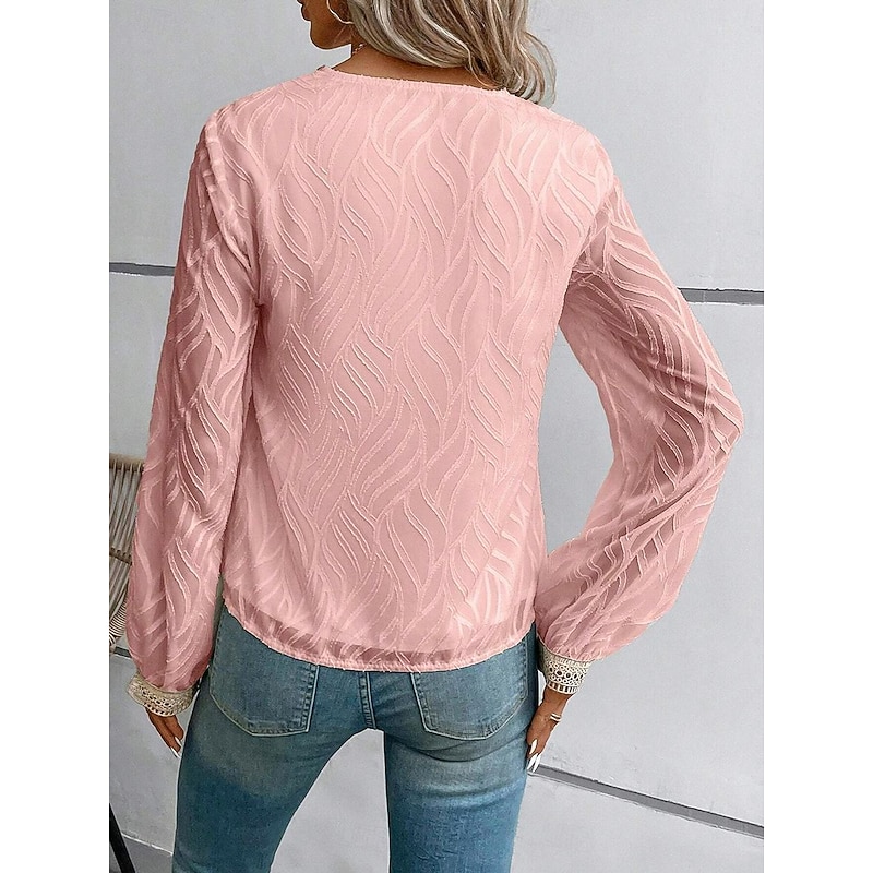 Women's Blouse Dressy Tops Elegant Stylish Solid Color Lace Flutter Sleeve Long Sleeve Regular Tops V Neck Party Daily Black Pink Beige Summer Spring Fall2