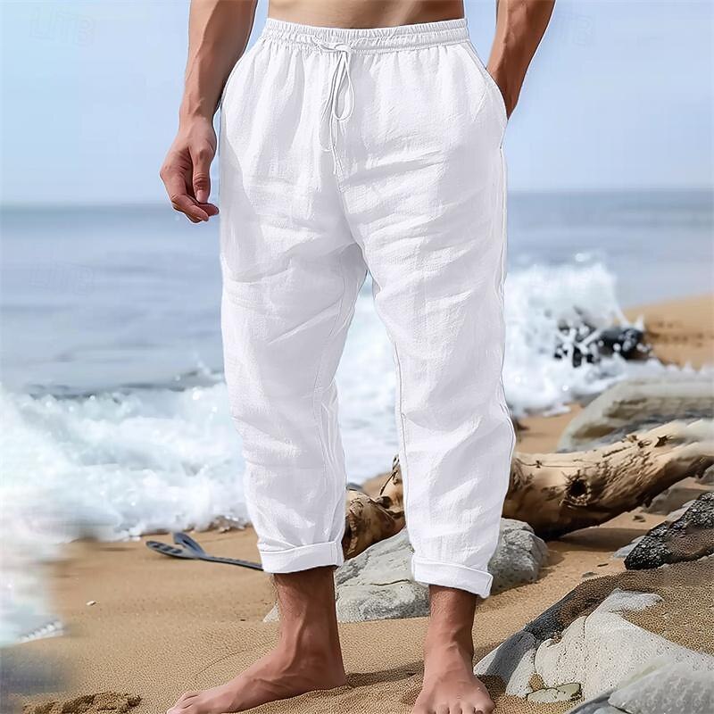 Men's Linen Pants Trousers Summer Pants Beach Pants Pocket Drawstring Elastic Waist Plain Comfort Breathable Outdoor Daily Stylish Hip Hop White Blue2