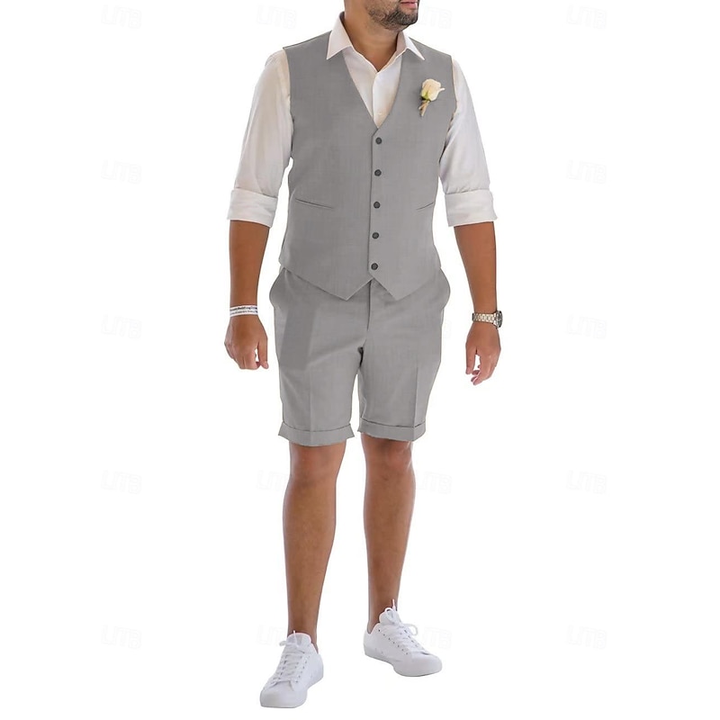 Men's Linen Suits Wedding Shorts Waistcoat Beach Summer Solid Formal Light Blue Sky Blue Dark Navy Colored Causal 2 Piece Tailored Fit3