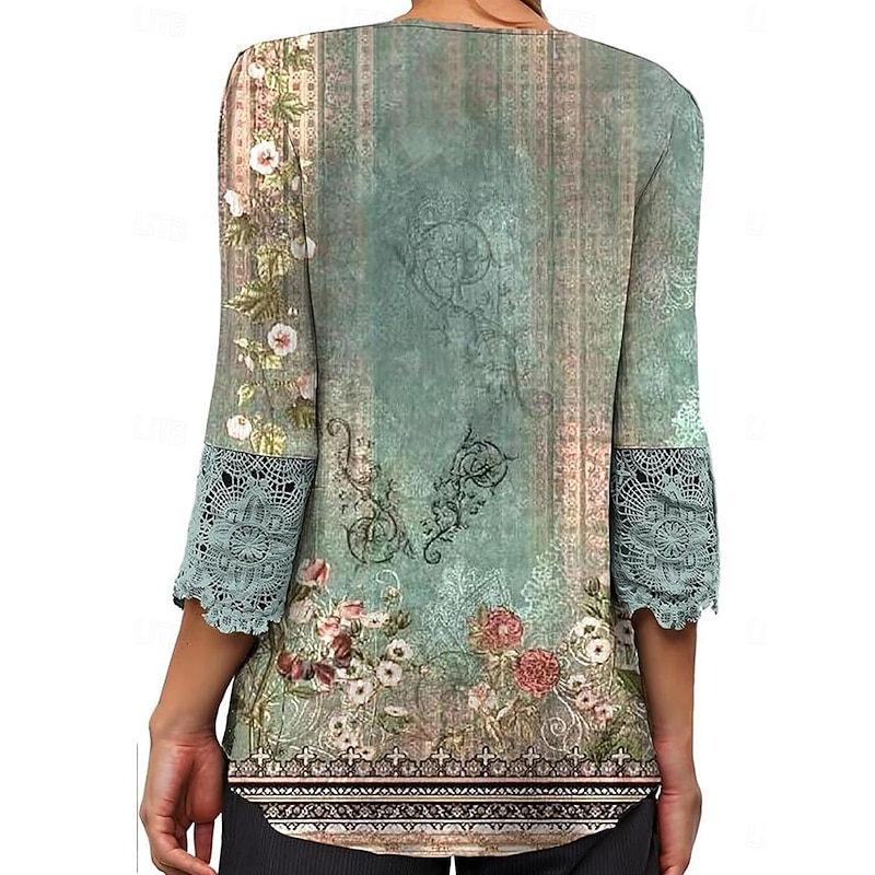 Women's Elegant Lace Tops Eyelet Blouse Casual Ombre Floral Lace Buttons 3 4 Length Sleeve Regular Tops V Neck Daily Romantic Petite Tops Summer Holiday Wear Black Pink Blue Green Spring Fall3