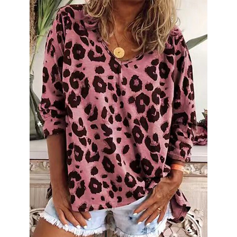 Women's T Shirt Leopard Fashion Long Sleeve V Neck Regular Tops Daily Weekend Print Pink Brown Khaki Gray Spring &  Fall2
