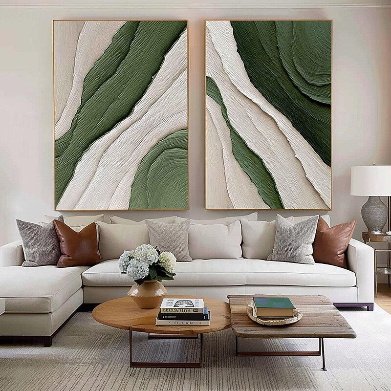 Green and white simple oil painting handmade wall art contemporary painting wall decoration 3D art green and white painting for living room very simple painting2