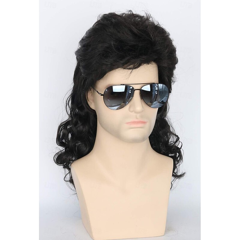 Men Wigs 80s Mullet Wig Black Curly Male Wig Carnival Costumes Punk Rocker Wig Long Halloween Wigs4
