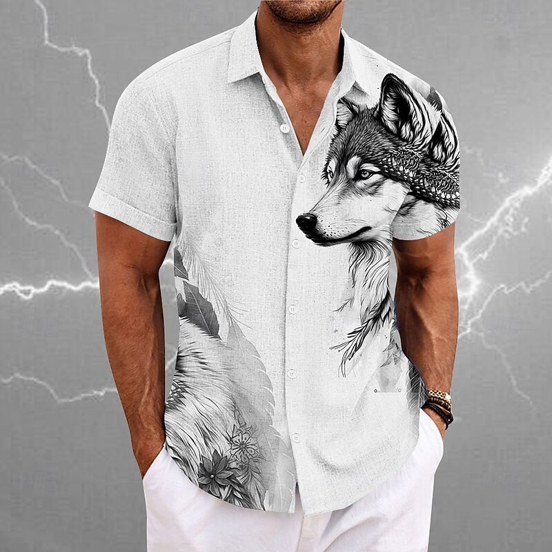 Men's Wolf Shirt Button Up Shirt Short Sleeve Vintage Casual Vacation Daily Hawaiian Summer Spring Turndown Collared Shirts Button Up 3D Print Blue Brown Gray3