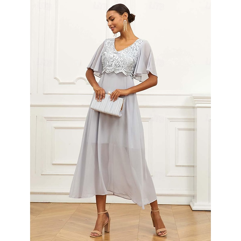 Women's Wedding Guest Cocktail Dress Lace Ruffle V Neck Flounce Sleeve Short Sleeve Maxi Dress Party Elegant Formal Gray Summer2