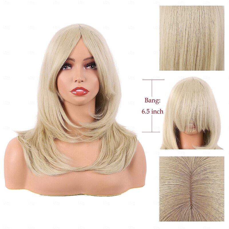 20 Inch/50 cm Long Layered With Bangs Straight Synthetic fiber Shoulder Length Hair for Daily Use or Party Wig (Blonde) Halloween Wigs2