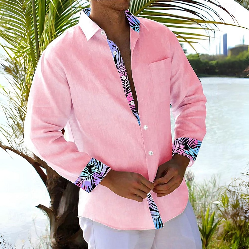 Men's Floral Shirt Summer Hawaiian Shirt Aloha Shirt Long Sleeve Shirt Turndown Hawaiian Resort Outdoor Street Casual Daily Pink S M L - Main Image