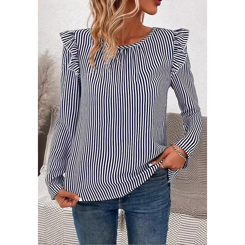 Women's Tunic Striped Stylish Long Sleeve Crew Neck Work Daily Ruffle Asymmetric Hem Blue Spring Fall4