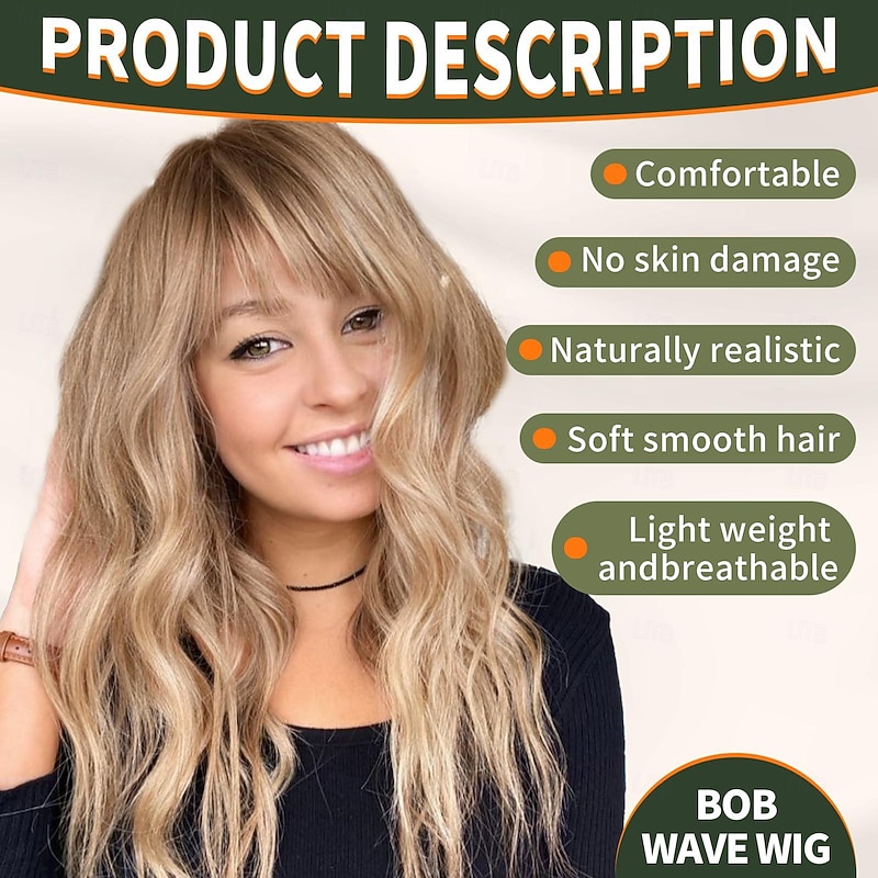 Ombre Blonde Wig with Bangs Blonde Highlight Wavy Wigs for Women Shoulder Length Curly Synthetic Hair Wig for Party Daily Use Halloween Wigs4