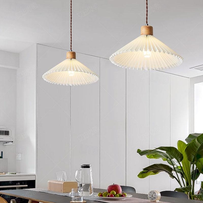 Nordic Style Wood Pendant Light with White Pleated Fabric Shade - Wooden Single Suspension Lamp Ceiling Hanging Lighting Fixture Kit, Chandeliers for Kitchen Island Dining Room 85-265V2